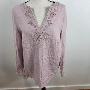 Saint Tropez West Linen Tunic Woman XL Pink Embroidered Beaded Boho Tiny Flaw